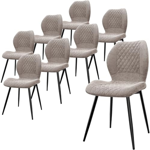LEWE Lot de 8 Chaises de Salle à Manger en Lin, Style Quadrillé avec Pieds en Métal, Tapissées, Moderne, Chaises de Cuisine sans Bras pour Restaurant/Salon/Chambre à Coucher, [Marron]