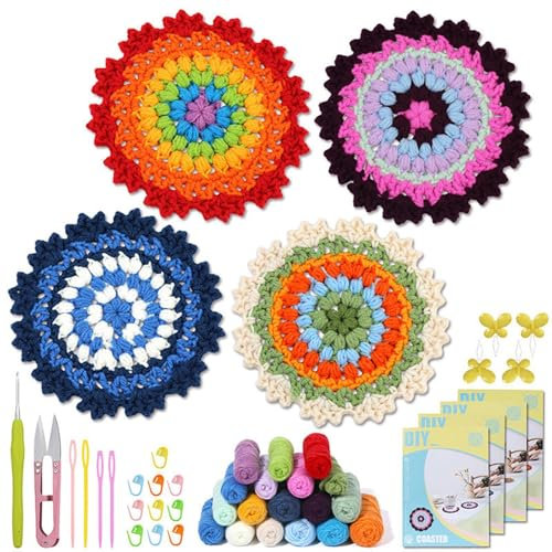 YNPQTDS Set di sottobicchieri all'uncinetto, set per la produzione di uncinetto, set per uncinetto – Coaster Crochet Start Kit facile da imparare, completo all'uncinetto con filati per principianti
