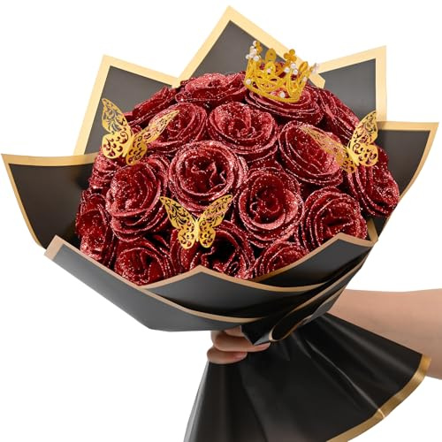 Waipfaru 24 Stück Glitzer Rosen Blumenstrauß DIY Gefälschte Blumen Blumenstrauß Künstlicher roter Rosenstrauß für Valentinstag, Muttertagsgeschenke, Jahrestag, Verlobung, Hochzeit
