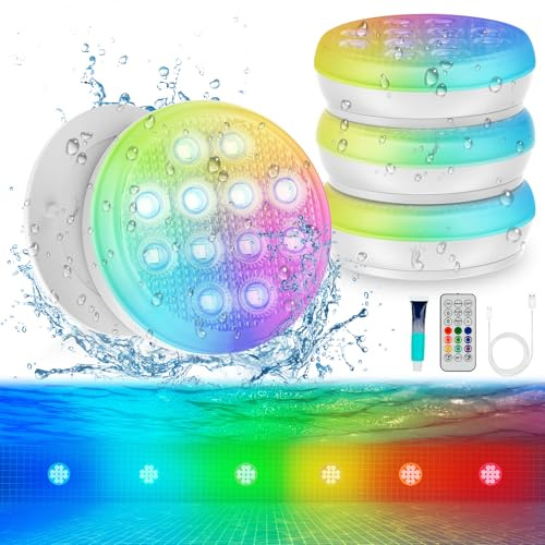 YDXZBC Pool Lights, Ultra-High Brightness Rechargeable Submersible Pool Lights with Remote, IP68 Waterproof 22 Colors Changing Light 2600mAh Magnet LED Underwater Light for Pools Hot Tub 4 Pack