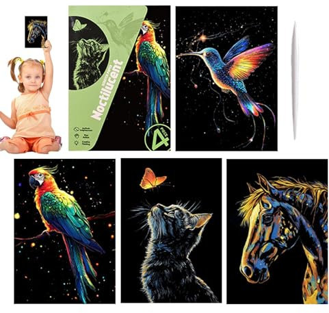 Kratzbilder Für Kinder - Kunstkratzpapier, Handgefertigtes | 4x Glitter Art Scratch Crafts, Bastelkunstartikel, A4 -Größe Malvorlagen, Graffiti -Kartenspielzeuge, Landschaft Und Tierkunst