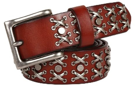 YTBHSHXZ, Neuer Gürtel mit Kreuzdekoration, Punk-Nietengürtel, Jeans, Vintage-Schnalle, Punk-Gürtel for Männer und Frauen, vierfarbiger Ledergürtel(Reddish Brown,120)