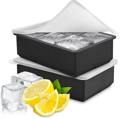 EUHOMY Silicone Ice Cube Trays, Set of 2 Large Ice Cube Tray Molds with Lids for Freeze, Easy Release, Reusable BPA Free Ice Tray for Whiskey, Cocktails, Baby Food, Drinks, Black