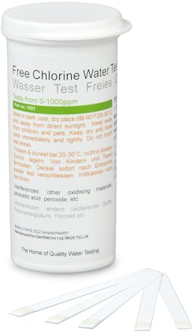 Free Chlorine Water Test 0-1000ppm (100 Strips), High Range