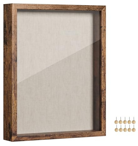 SONGMICS 11x14 Shadow Box Frame, Top Loading Display Case Frame , Glass Front with Top Slot and Push Pins, Linen Fabric Backing for DIY Craft, Gift Idea,Rustic Brown URPF009KD01