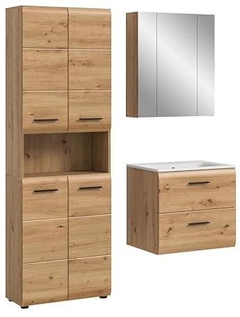 xonox.home – 3 TLG. Kompakte Badkombination Ice 135x185x46 cm in Korpus und Front Artisan Oak Nachbildung – Stilvolles Möbel-Set für Moderne Badezimmer – pflegeleicht & funktional