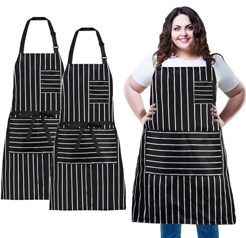XIEJINJIA 2 Pack Plus Size Adjustable Long Ties Bib with 3 Pockets Extra Wide Chef Apron Kitchen Cooking Gardening BBQ for Women Men (Black Stripe)