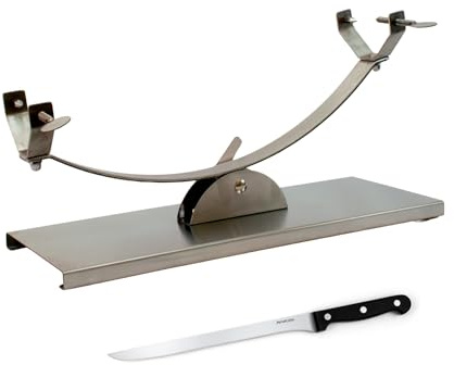 Fackelmann Set Soporte Jamonero Basculante Acero Inoxidable, 50x18 cm, Especial Jamones Grandes, Incluye Cuchillo Jamonero 24/36 cm
