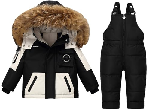 Conjunto de 2 piezas de traje de nieve para niña de invierno de piel sintética con capucha, chaqueta de esquí y pantalones de nieve, trajes de esquí aislados para snowboard, Negro, 3-4 Años