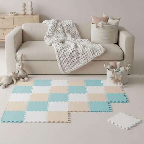 LittleTom Spielmatte Baby Puzzlematte Pastellfarben - 27 Matten je 30x30 cm Krabbelmatte 270x90 cm Bodenmatte Kinder - Puzzle Teppich Kinderzimmer - Bodenschutzmatte Spielteppich Eva Schaumstoffmatte