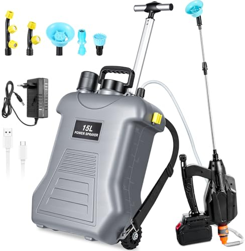 Worshow Spruzzatore elettrico posteriore 18 V con batteria al litio e carrello a rotelle, 15 l, compatibile con Makita, 3 livelli di pressione, pistola telescopica per giardino, pulizia e controllo