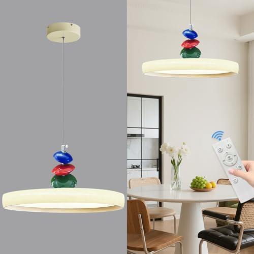 Mikeru Modern Pendant Lights, 15.8 Cream Yellow Pendant Lighting Fixture with Remote Control Dimmable 3 Color Mode & Brightness Mid Century Island Light Fixture for Dining Room,Kitchen,Living Room