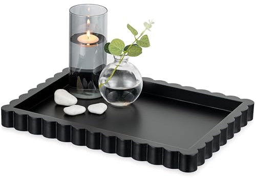 Hanobe Black Modern Decorative Tray for Coffee Table Ottoman, Rectangular | 35x25cm wooden serving tray with scalloped edge, farmhouse matte table centrepiece for living room dining bathroom countertop