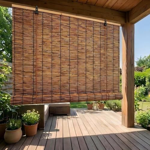 Bambusrollo Wetterfest Aussen, Schilfrohrrollo Natur Sonnenschutz Sichtschutz, Rollo Outdoor für den Balkon, Fenster Rollos für Innen, Jalousien Sichtschutz Bambus(Karbonisiert,120W x 80H cm)