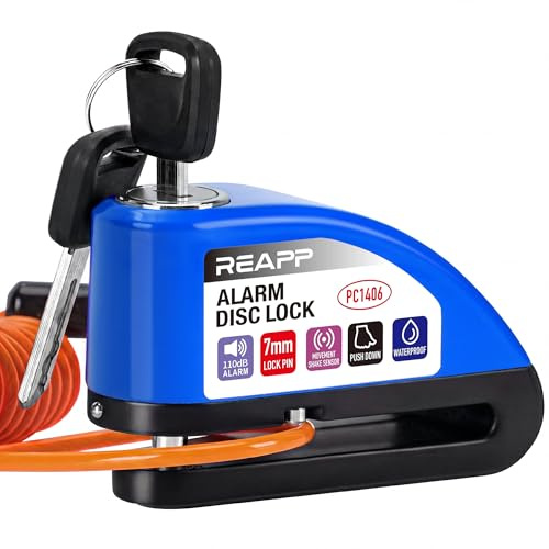 REAPP Antivol Moto Renforcé, Bloque Disque Alarme 110dB Bloc Haute Sécurité | Antivol Essentiel, Étanche, Piles de rechange, Câble de Rappel 1,5m et Sac, Compatible Moto/Vélo/Scooter avec Frein à Disque