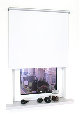 deko-raumshop Verdunkelungsrollo Springrollo Mittelzugrollo Schnapprollo Thermo Rollo Breite 60 bis 200 cm lichtundurchlässig verdunkelnd Beschichtung Silber Hitzeschutz (150 x 180 cm, Weiß)