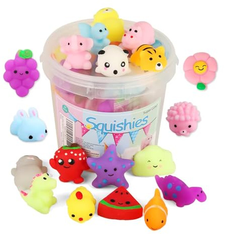 KINGYAO Squishies Squishy Toy 24pcs Party Favors for Kids Mochi Squishy Toy moji Kids Mini Kawaii squishies Mochi Stress Reliever Anxiety Toys Easter Basket Stuffers fillers with Storage Box