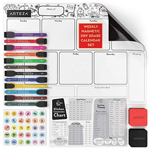 ARTEZA Dry Erase Magnetic Weekly Calendar Set (17x12 Inch), with 12 Whiteboard Markers, 30 Magnets, 2 Erasers, Organizer, Kitchen Planner Chart for Refrigerator, Fridge
