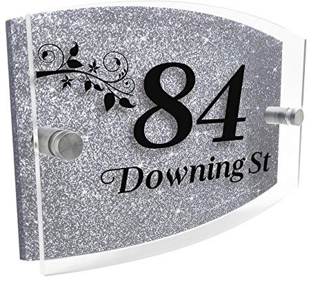 Modern House Sign Plaque Door Number | Personalised Glass Effect Acrylic Glitter Sign | Personalised House Number Hand Finished in UK (Silver, Design B)