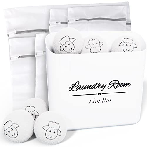 ALBEN Bundle: Magnetic Lint Bin for Laundry Room, Wool Dryer Balls, and Mesh Garment Bags - The Ultimate Lint Container for Laundry Room and More (Farmhouse White)