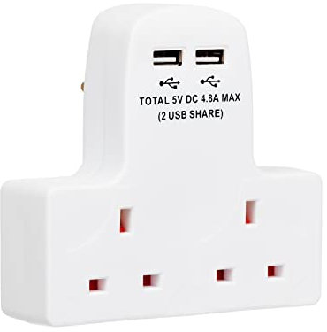 Invero 2 Way Gang Cable-Free Multi-Plug 13A Wall Socket Adaptor with 2x USB Charging Ports 4.8A - White