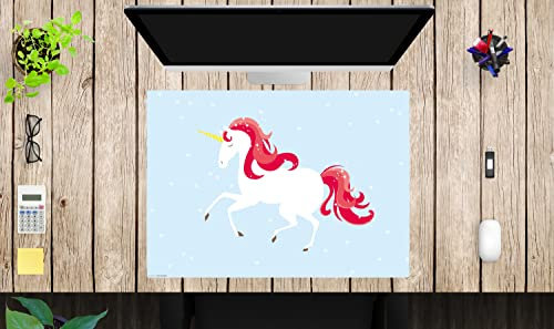 Schreibtischunterlage für Kinder und Erwachsene – “Einhorn mit roter Mähne und Schweif“ – aus erstklassigem, strapazierfähigem Vinyl (Kunststoff -BPA frei) – 70 x 50 cm – Made in Germany