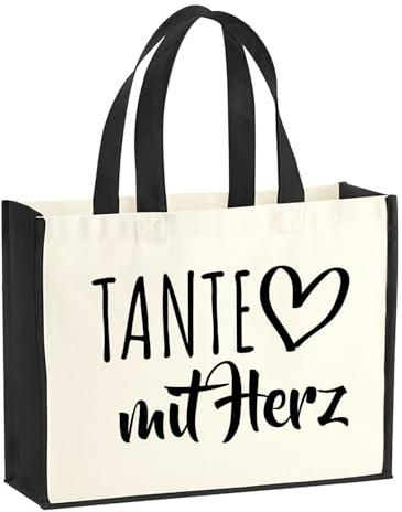 Huuraa Jutetasche Tante mit Herz Geschenk | Großer Shopper 21 Liter Juteshopper Black Tasche aus Jute und Baumwolle Einkaufstasche Geschenkidee Tragetasche mit Motiv