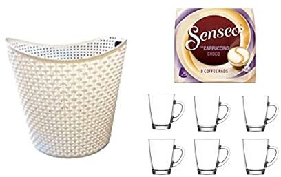 Conny Clever Cappuccino Choco für geeignet Senseo und weitere Kaffeemaschinen Aktion+ 6 Kaffeebecher mit Henkel plus Wäschekorbaktion Rattan-Design 27 Liter