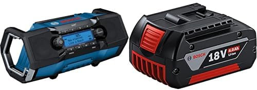 Bosch Professional 18V System Radio de Chantier sans-Fil GPB 18V-2 SC (réception Via Dab+, Bluetooth, FM et AUX, avec Bloc Secteur) & 1600Z00038 GBA Batterie Lithium-ION CoolPack 18 V 4,0 Ah, Noir