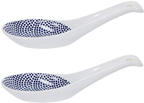 WESTCRAFT - east | White Basics ACCESSOIRES | White and Blue Dots - Porzellan-Löffel-Set Asien/Japan 13,5 cm - Suppen-Löffel, Servier-Löffel - 2er Spoon-Set