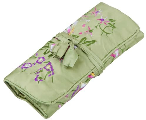 KYEYGWO Chinese Embroidery Travel Jewelry Roll with Flowers and Bird Embroidery, Jewelry Organizer Portable Hand Roll Bag Jewelry Bag for Necklace Ring Bracelet Storage, Green