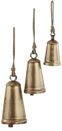 Deco 79 Dekorative Kuhglocken aus Metall, tibetisch, inspiriert mit Jute-Hängeseil, 30,5 cm, 22,9 cm, 15,2 cm, Bronze, 3 Stück