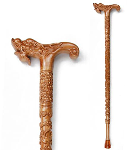ZNEL Canne De Marche en Bois Naturel pour Hommes Et Femmes -Tête De Dragon- Bâtons en Marche Sculpté Poignée en Bois Fantaisie avec Embout en Caoutchouc