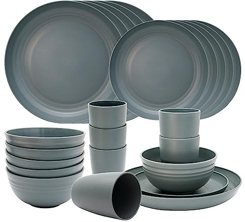 Dhnvcud 24 Stück Grau Plates Set, Camping Pure Living Geschirr, Unzerbrechlich Kunststoff Lässig Geschirrset, Essteller Set 6 Personen, 12 Stück Flache Teller, Tafelservice 8 Personen Modern