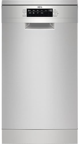 AEG Lavavajillas Pequeño AirDry FFB73527ZM, 45 cm, libre Instalación, 10 cubiertos, brazo aspersor satélite, SoftSpikes, motor Inverter, display, 9 programas a 4 temperaturas, 45 dB(A), Inox