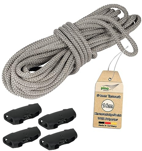 Pina DESIGN seit 1979-16m Tauwerk, Ø 6mm Seil für Sonnensegel aus Polyester Silber-grau | für Flaschenzug, Umlenkrolle, Seilzug & Boote, 800kg Reißlast & Bruchlast 1050 daN (Tauwerk + 4 Seilklemmen)