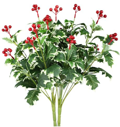 Macrak 2Pcs Artificial Flowers Holly Spray Berries Stems Christmas Flowers for DIY Christmas Home Party Decoration (White Green)