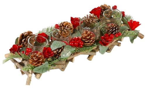 Christmas Table Decoration Tea Light Candle Holder Jar Four Section Pine Cone & Natural Wood Christmas Winter Table Centrepiece Décor Festive Tealight Holder Xmas Table Decorations (Red)