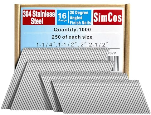 SimCos 16 Gauge Angled Finish Nails 304 Stainless Steel,(1-1/4, 1-1/2, 2, 2-1/2), 20-Degree,Assorted Size Project Pack for Pneumatic, Electric Finish Nailer or Nail Gun (Assembly 1000)