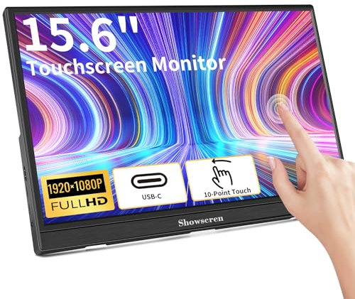 Portable monitor Touchscreen, 15.6inch Monitors IPS FHD 1920x1080 300cd/m² Touch Display USB C/HDMI Screen with Dual Speakers, Ultra-thin for Xbox/Raspberry Pi/Laptop/PC/PS4/5, PC Monitore 15.6