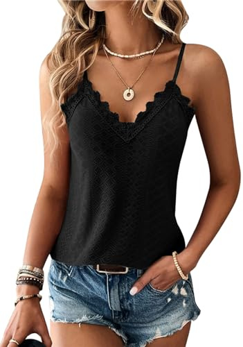 TrendiMax Damspets topp sommar v-ringad spaghettitoppar ärmlös skjorta sexig Cami Top, svart, S