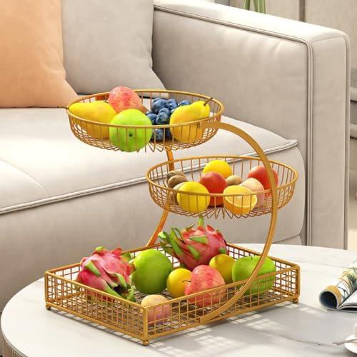 JUNYFFF 3 Ripiani Porta Frutta da Tavolo,Grande 35 X 33Cm Carrello Portafrutta,Metallo Carrelli Portafrutta Moderno, Cestino Portafrutta Decorativo E Espositore per Conservare Verdura Snack,d'oro