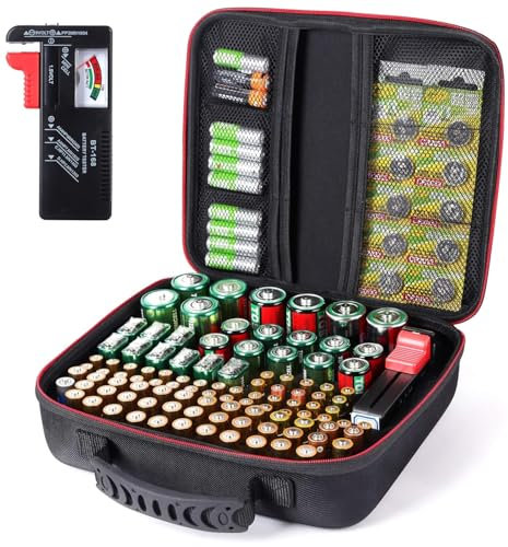 Battery Organizer Storage Case Box with Tester BT168 -for All Types Batteries Container, Fireproof & Waterproof Battery Keeper Caddy for Home Drawer, Small Cases Holder for AA AAA C D 9V (Holds 104＋)