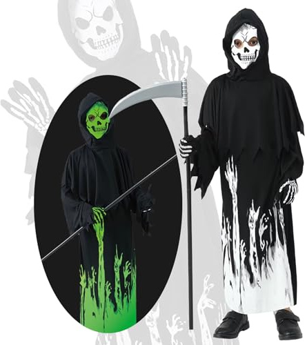 SHOWHEEL Costume da Mietitore di Anime per Halloween, Costume da Scheletro per Bambini, Costume da Zombie Luminoso con Falce e Guanti (Taglia M)