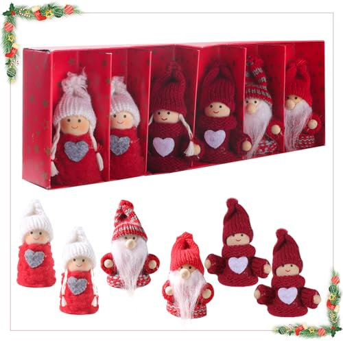 ZIGefofo 6 Stück Christbaumschmuck Wichtel Figuren Anhänger Kleine Weihnachtswichtel aus Holz Weihnachtsbaum Deko Wichtel Baumschmuck Weihnachten Set in Geschenkbox Rot Geschenkanhänger