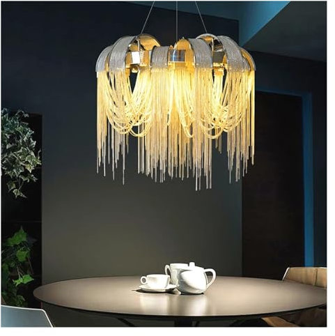 Chandelier, Scandinavian light luxury aluminum chain arch living room dining room chandelier villa - postmodern round tassel chandelier(60CM)