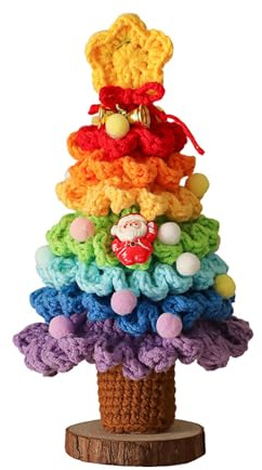 Handmade Green Woolen Knitting Table Christmas Tree With Star On Top，Xmas Tree With Cute Little Bells And Wooden Base,Rustic Vintage Retro Xmas Tree Shelf Home Decor(Purple and blue)