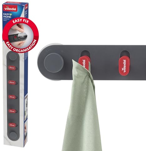 Vileda selbstklebende Hakenleiste Küche & Bad - 5 Haken extra stark - max. Belastung 5 kg - Handtuchhalter ohne Bohren - Ideal für Küche, Badezimmer & Haushalt | Klebemontage auf Fliesen, Glas und Spiegel, wasserfest für Bad und Küche, rückstandsfrei wieder ablösbar