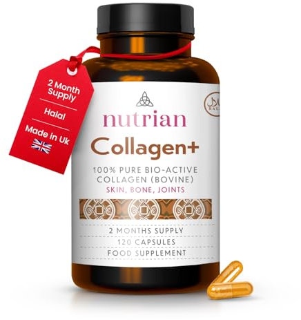 Nutrian 100% Grass-Fed Hydrolysed Bio-Active Bovine Collagen 1200mg - 120 Capsules - Supports Skin, Bones & Joints - 2-Month Supply - Natural, Halal Collagen Supplements for Women and Men