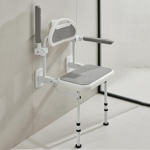 Duschklappsitz Zur Wandmontage, Duschklappsitz Zur Wandmontage Bis 120 Kg, Wandmontierter Klappbarer Duschsitz Für Senioren, Gepolsterte Rücken- Und Armlehnen, Höhenverstellbare Stabile Beine